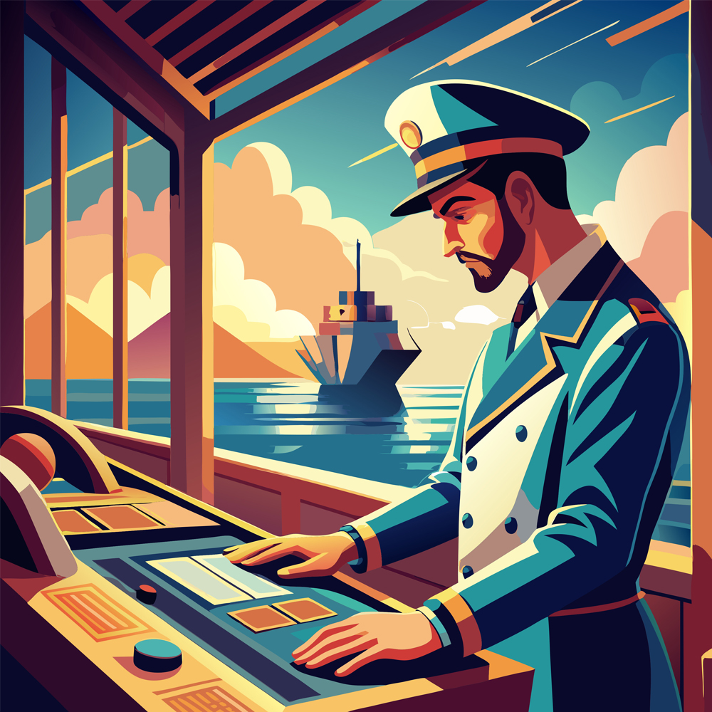 A captain in a classic nautical uniform stands on the bridge of a ship. looking out at the horizon. The image is in a stylized. graphic design style with bold colors and strong lines.